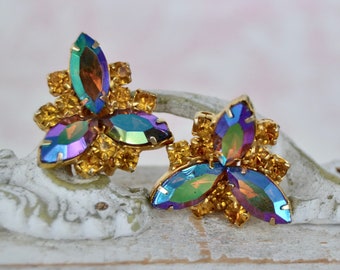 Vintage Clip-On Earrings with Golden Rhinestones and Iridescent Stones