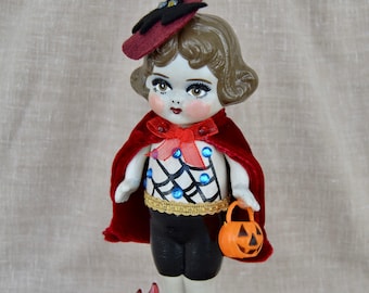 Valerie the Vampire Trick or Treater Bisque Doll Diorama, Antique and Upcycled