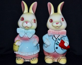 Vintage Pair of Anthropomorphic Easter Bunny Planters by Neidco Japan