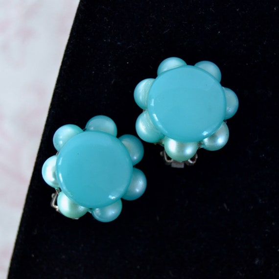 Vintage Clip-On Flower Earrings with Blue Plastic… - image 1