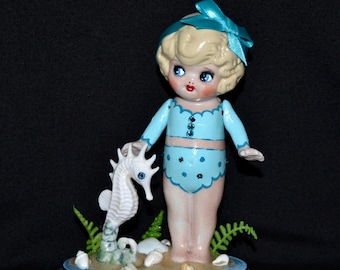 Bathing Beauty Doll with Seahorse, Shells and Sand, Handmade and Vintage