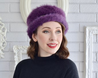 Vintage Muted Purple Fuzzy Faux Fur Wool Hat with Rhinestone Adornment Sold by Lord and Taylor