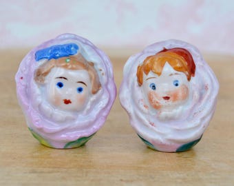 Vintage Salt Pepper Shakers of Small Roses with Children Heads Ceramic Japan