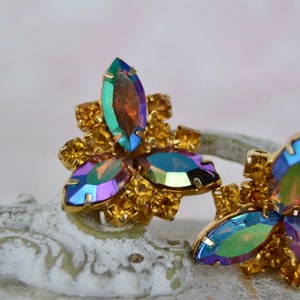 Vintage Clip-On Earrings with Golden Rhinestones and Iridescent Stones image 2