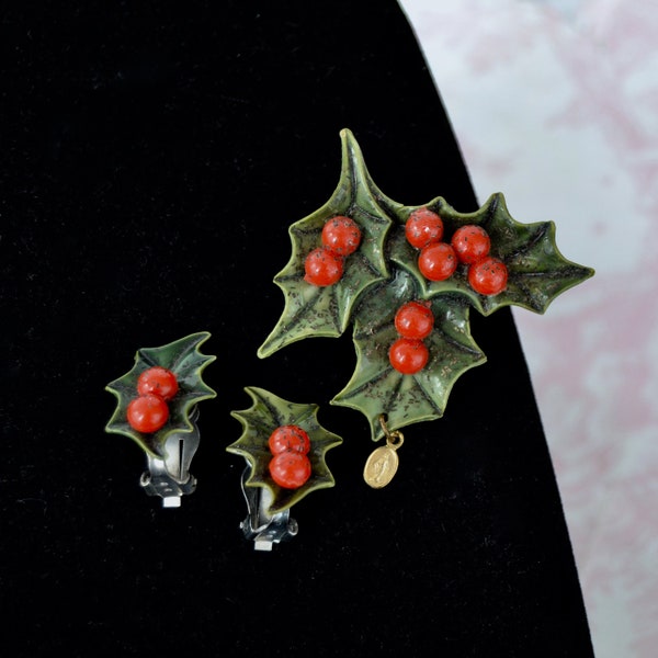 Vintage Holiday Holly Berry Brooch and Clip-On Earring Set Made of Celluloid