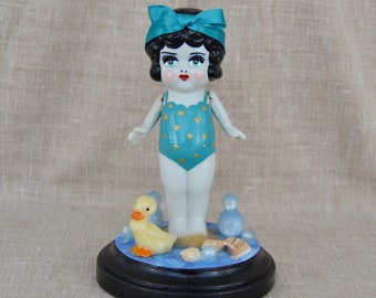Belinda the Bathing Beauty Doll with Duck and Seashells, Antique and Upcycled
