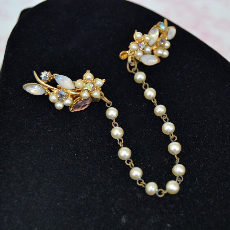 Vintage Sweater Clips with Faux Pearl and Rhinestone Flowers