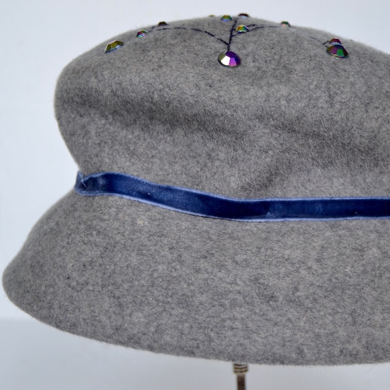 Gray Wool Hat with Stitched Spiderweb and Rhinest… - image 2