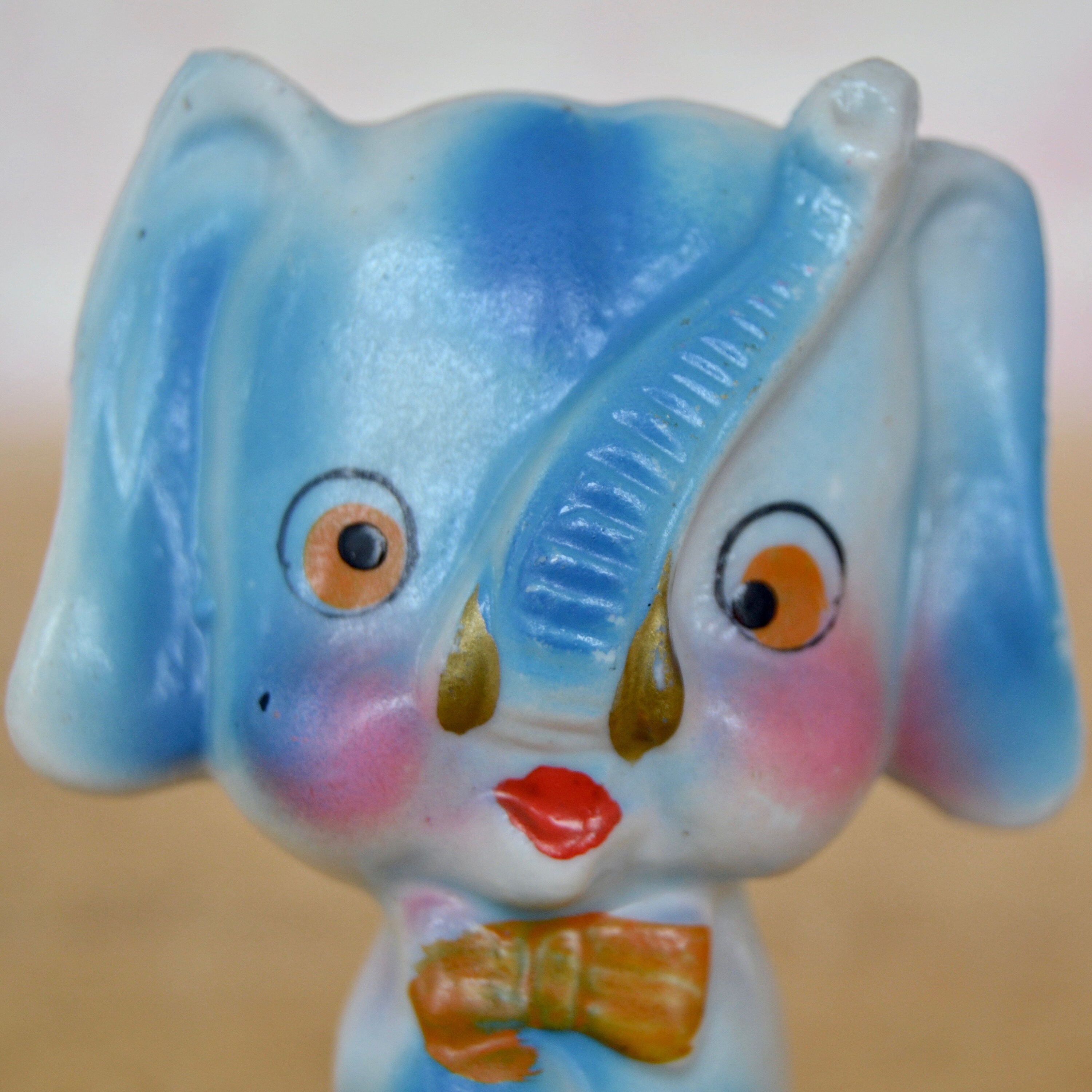 ◆BLUE ELEPHANT◆ ETTY tawnyolivegreen Vintage Ceramic Blue Elephant Figurine With Bow Tie Souvenir