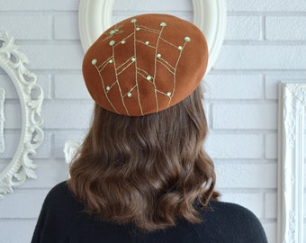 Brown Wool Beret Hat with Stitched Spiderweb and Rhinestones, Vintage and Upcycled