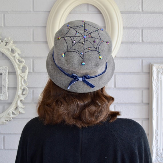 Gray Wool Hat with Stitched Spiderweb and Rhinest… - image 1