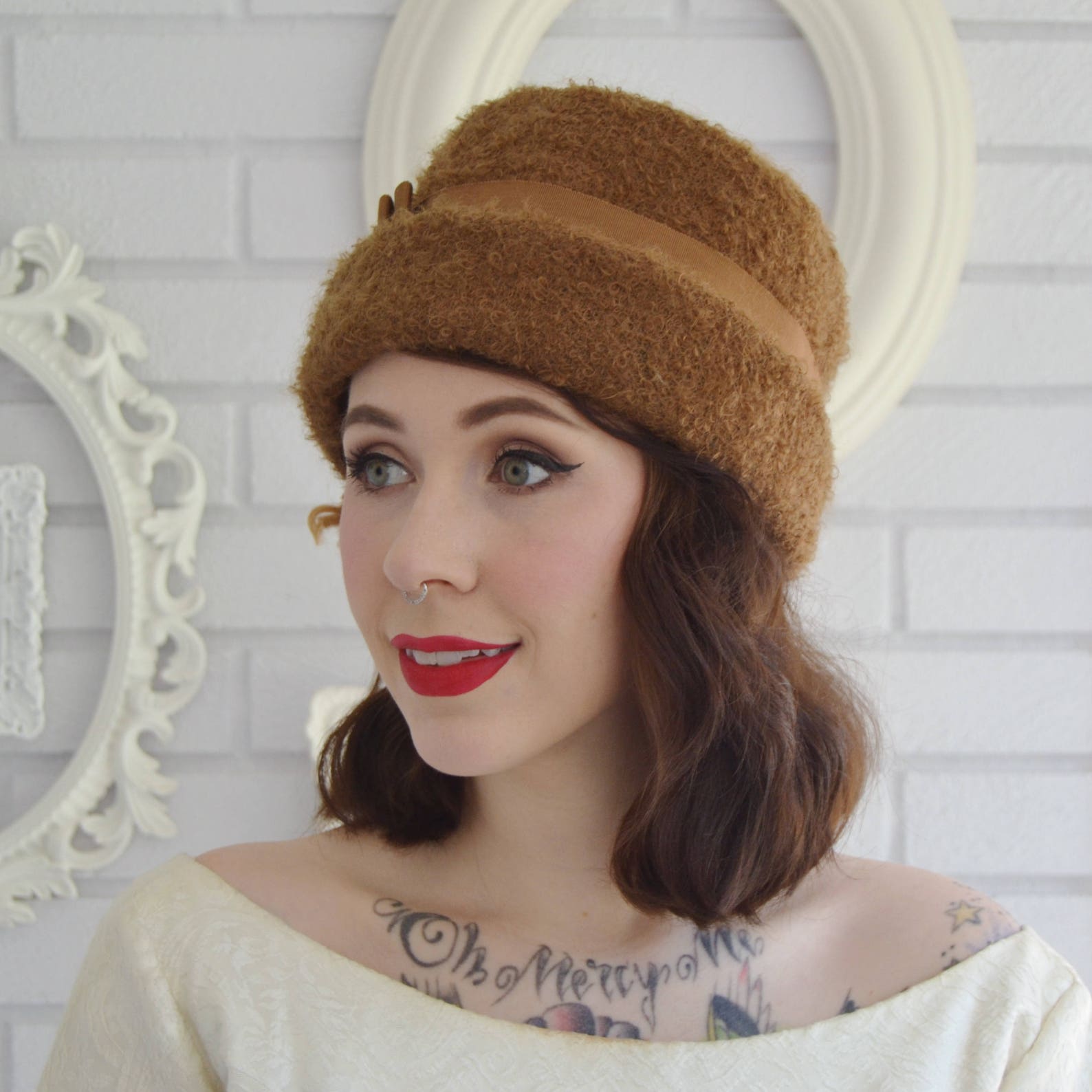 Vintage Brown Fuzzy Textured Wool Hat With Brown Ribbon Etsy