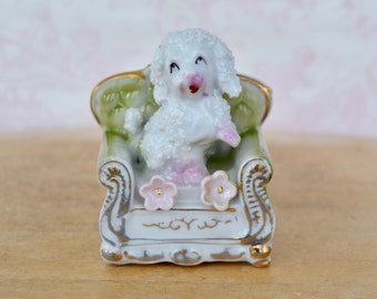 Vintage Ceramic Poodle Sitting on Chair Figurine with Flowers Made in Japan