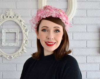 Vintage Pink Flower Hat with Small Flowers and Pink Netting