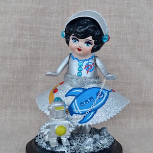 Rebel the Rocket Girl Astronaut Doll Walking Her Robot, Antique and Upcycled