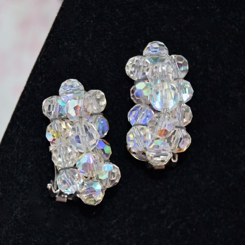 Vintage Clip-On Earrings with Iridescent Glass Beads image 1