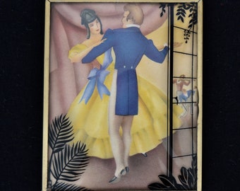 Vintage Art of Dancing Couple with Metal Frame and Convex Glass with Black Silhouette