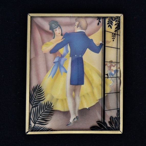 Vintage Art of Dancing Couple with Metal Frame and Convex Glass with Black Silhouette