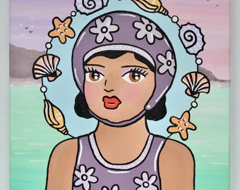 Bernice the Bathing Beauty Original Painting on 10" x 10" Canvas