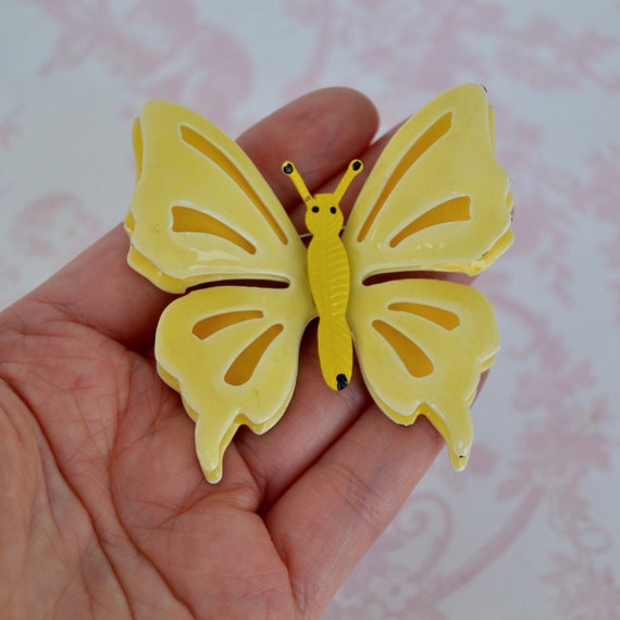 Vintage Yellow Enamel Metal Butterfly Brooch - image 10