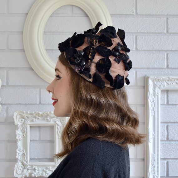 Vintage Tulle Hat with Black Velvet Leaves and Black Plastic Berries View 4
