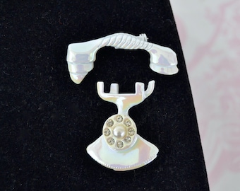 Vintage Telephone Metal Brooch Set in White Iridescent with Rhinestones