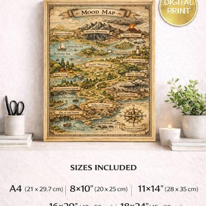 May include: A framed "Mood Map" digital print with a vintage aesthetic. The map features illustrated landscapes with locations like "Anxiety Mountain" and "Joyful Meadows." Sizes include 20x25 cm, 28x35 cm, 40x50 cm, and 45x60 cm.