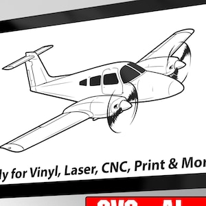 May include: A monochrome illustration of a twin-engine aircraft displayed on a computer monitor. The text "Ready for Vinyl, Laser, CNC, Print & More!" is visible. A red banner at the bottom reads "SVG - AI - PNG".