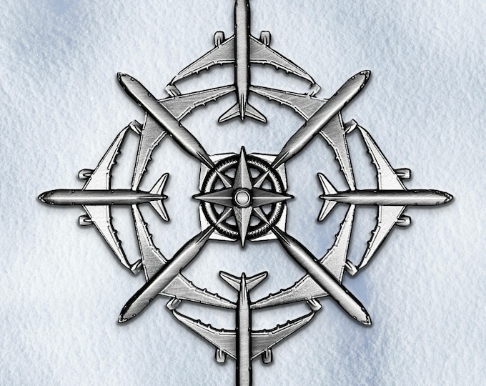Airplane Snowflake Ornament: Antique Silver or Gold Metal Dreamflake