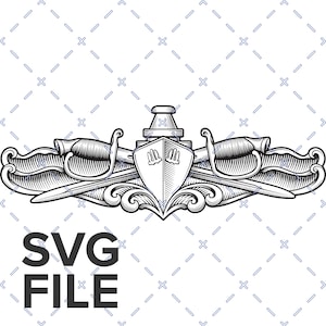 May include: Black and white SVG file of a naval warfare badge. The badge features a shield with a ship, crossed swords, and decorative scrollwork. The text "SVG FILE" is below the badge.