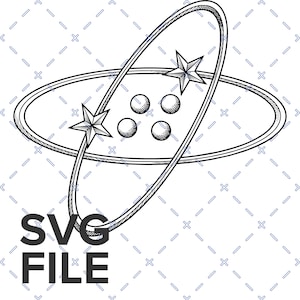 May include: A black and white line art illustration featuring two intersecting elliptical rings, two five-pointed stars, and four small circles arranged in a square pattern. The text SVG FILE is printed in bold black letters at the bottom left.