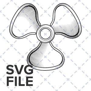 Può includere: Un'illustrazione in bianco e nero a tratto di un'elica o di un ventilatore a tre pale con dettagliate ombreggiature a tratteggio incrociato sulle pale e un mozzo centrale circolare. Il testo SVG FILE è stampato in grassetto nero in basso a sinistra.