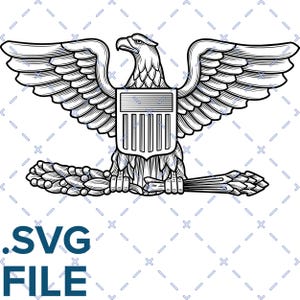 May include: A black and white line art illustration of a bald eagle with wings spread wide, featuring a shield on its chest and clutching arrows and an olive branch in its talons. The text .SVG FILE is printed in dark blue at the bottom left.