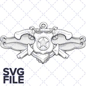 May include: Black and white SVG file of a badge featuring an anchor, star, and wings. The badge is shield-shaped, with a five-pointed star at its centre. The text "SVG FILE" is displayed at the bottom.
