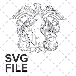 May include: Black and white line art of a heraldic emblem featuring an eagle with outstretched wings above a rearing horse. The design includes anchors, a shield with stars and stripes, and the text "SVG FILE" at the bottom.