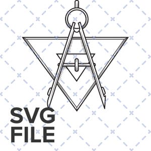 May include: Black and white line art of a compass over a triangle and a smaller triangle. The text "SVG FILE" is below the compass and triangles. The design is on a white background with a light blue diamond pattern.