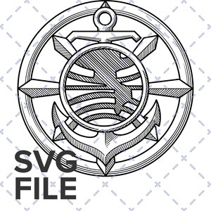 May include: A black and white circular graphic design featuring a central anchor and a ribcage motif enclosed within a double-lined ring. The image includes the text SVG FILE in the bottom left corner, set against a light background with a grid pattern.