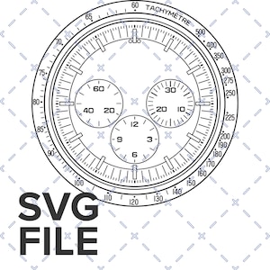 May include: Black and white SVG file of a watch face with three sub-dials and a tachymeter scale. The main dial features markings for hours and minutes, with the text "TACHYMÈTRE" at the top. The image also includes the text "SVG FILE".