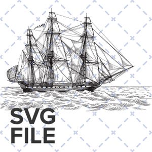 Może przedstawiać: Szczegółowa czarno-biała ilustracja wysokiego żaglowca na oceanie. Statek ma wiele masztów, żagli i olinowania, z widoczną amerykańską flagą. Słowa "SVG FILE" są wydrukowane poniżej.