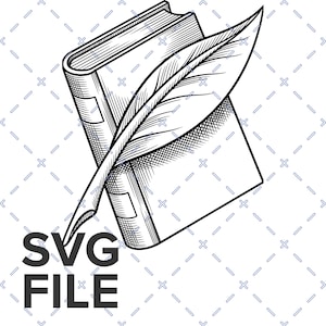May include: A black and white line art illustration of a closed hardcover book with a large quill pen resting diagonally across the cover. The image features bold outlines and cross-hatching details. The text SVG FILE is printed in black at the bottom.