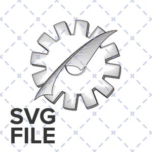 Könnte beinhalten: Schwarz-weiß-SVG-Datei-Grafik mit einem Zahnrad mit einem überlagerten, gebogenen Element. Der Text "SVG FILE" wird in einer fetten, serifenlosen Schrift unter dem Zahnrad angezeigt. Der Hintergrund hat ein subtiles, sich wiederholendes Muster.