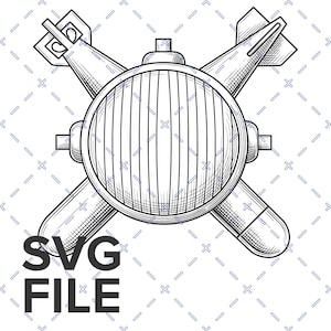 May include: A black and white line art illustration featuring a central circular object with vertical stripes, positioned in front of two crossed aerial bombs. The design includes the text SVG FILE in the lower left corner against a grid background.