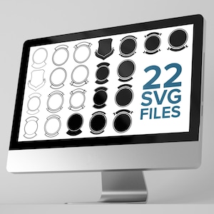May include: A computer monitor displaying a collection of 22 black and white vector badge designs. The screen shows various circular, oval, and shield-shaped frames, some with ribbon accents, alongside the blue text 22 SVG FILES.