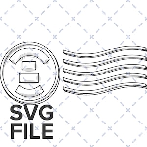 Può includere: Un'illustrazione grafica in bianco e nero che presenta un design a timbro circolare con un motivo rettangolare centrale e linee curve, accompagnato da cinque linee ondulate orizzontali a destra e il testo nero SVG FILE sotto.