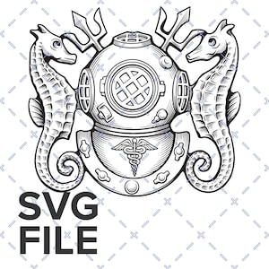 May include: Black and white illustration featuring a vintage diving helmet flanked by two seahorses and a trident. A medical symbol is below the helmet. The text "SVG FILE" is at the bottom.