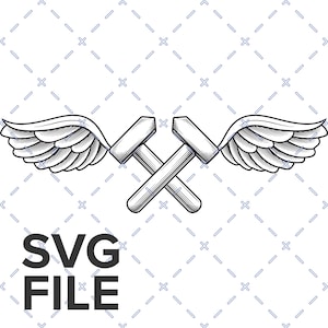 May include: A black and white illustration featuring two crossed hammers with wings on a white background. The text "SVG FILE" is displayed in bold, black letters below the hammers. The design has a vintage, hand-drawn aesthetic.