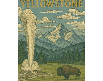 Yellowstone National Park Poster, Vintage Japanese Block Print Wall Art