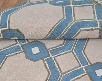 Oushak Hand-Knotted Wool Rug: Modern Geometric Beige & Blue Area Rug for Living Room