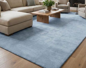 Hand Tufted Light Blue Wool Rug - Soft Solid Color Minimalist Area Rug for Living Room, Bedroom - Handcrafted Modern Wool Carpet India
