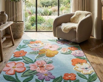Floral Hand Tufted Wool Rug Bedroom & Living Room Decor Custom Size Carpet